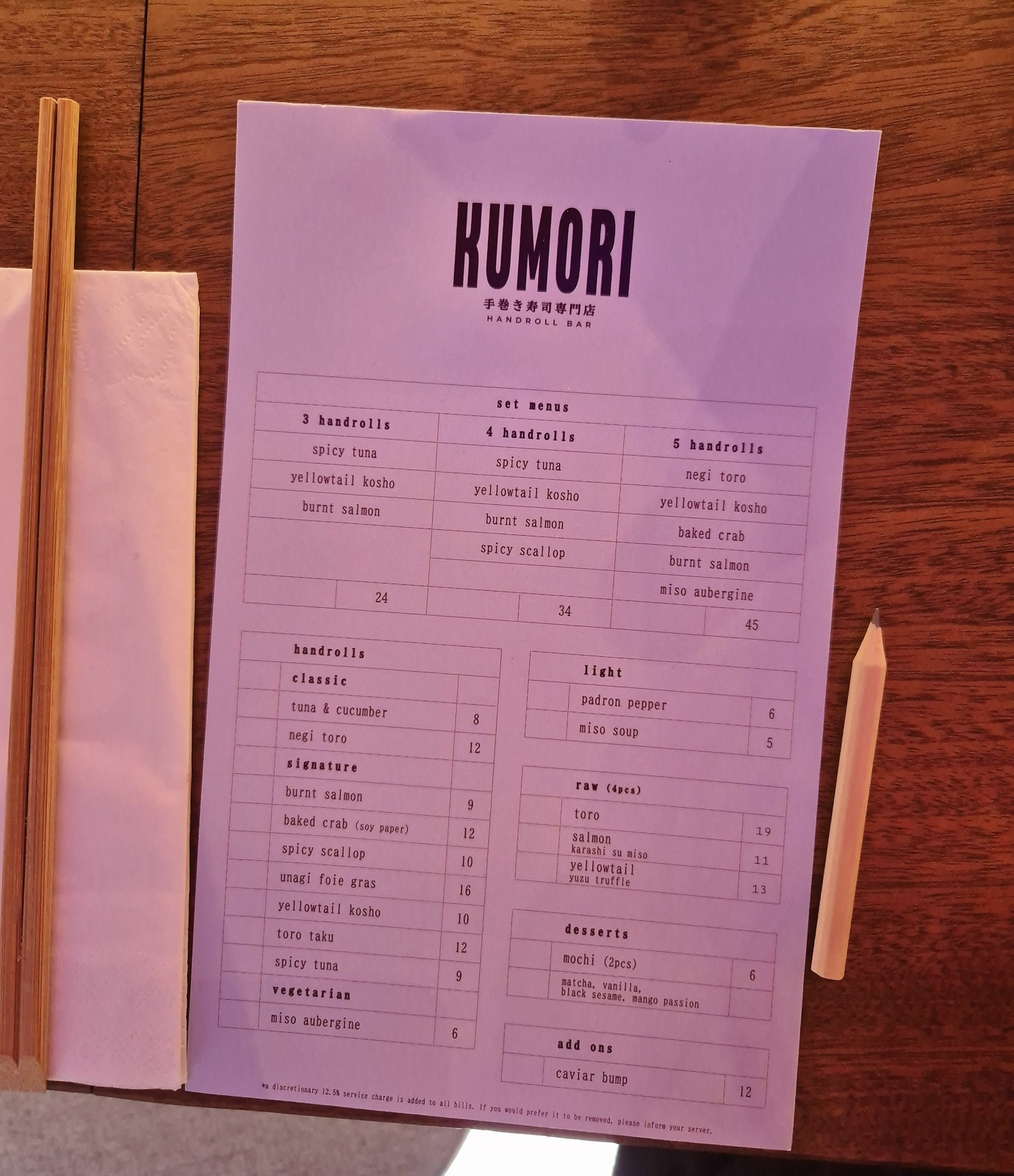 Menu at Kumori handroll restaurant review Soho, London