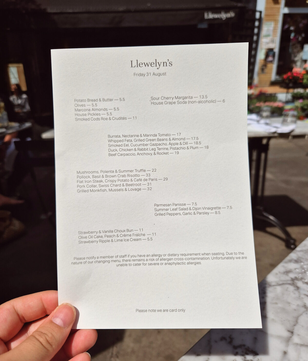 menu at Llewelyns restaurant Herne Hill London review